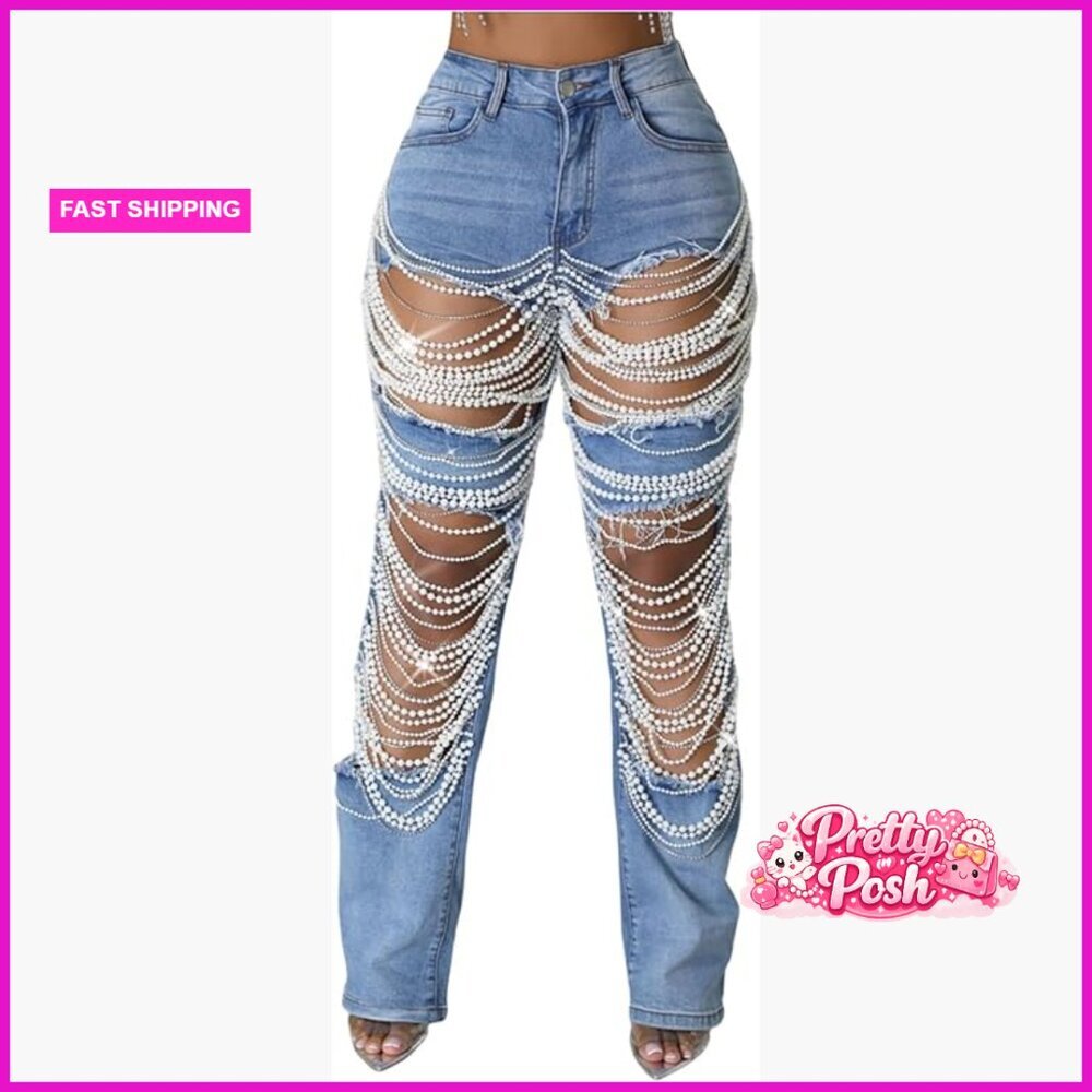 Rhinestone Pearl Chain Distressed Ripped High Waisted Baggy Jeans